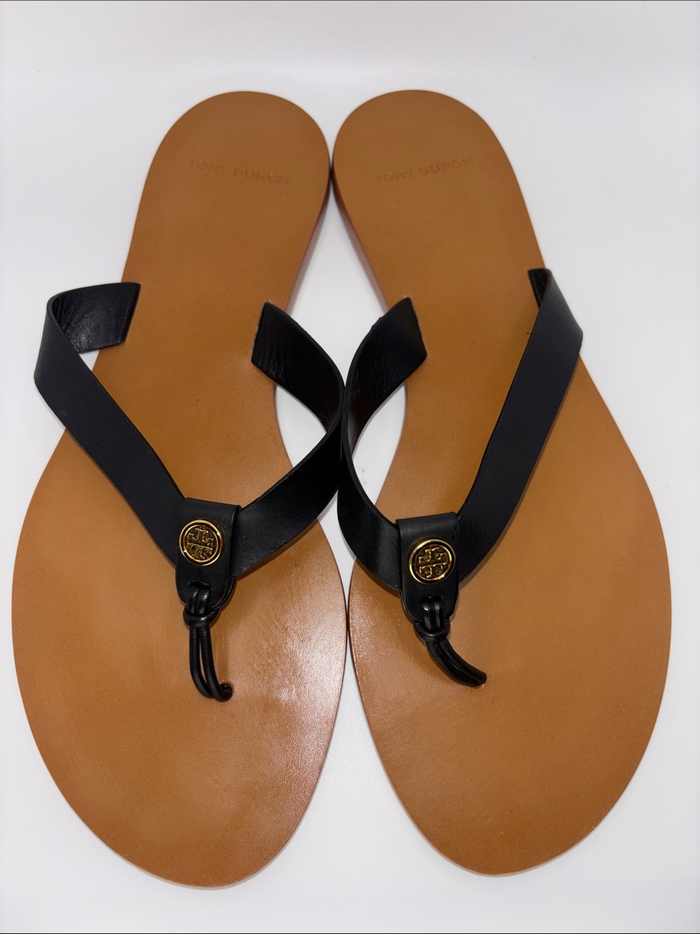 Tory Burch Black and Tan Leather Flip Flop Sandals